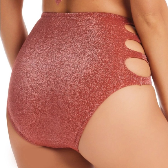 Bar III Shimmer Core Sparkly Brown Hip Slash Cutout High-Waisted Bikini Bottoms - Picture 1 of 15